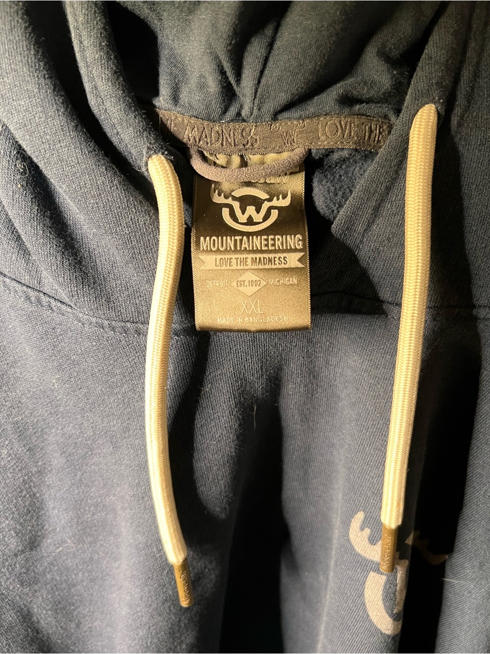 Moosejaw Mountaineering 'Love the Madness' Navy Hoodie with Cream Drawstrings